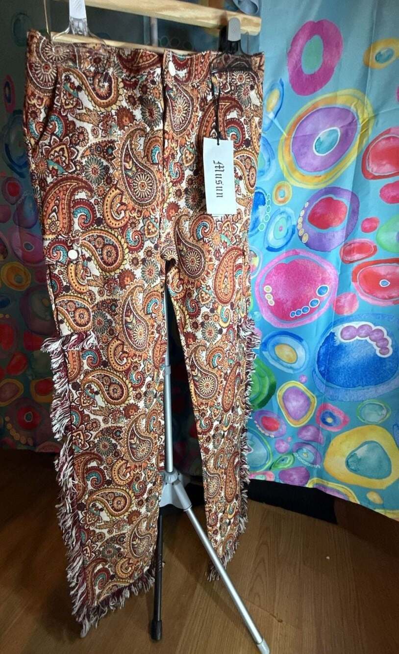 Musun Men's Paisley Print Straight Leg Trousers with Frayed Fringe Detail